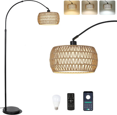 Arc Floor Lamps Living Room 3 Color Dimmable LED Bulb Rattan Boho Floor Lamp 
