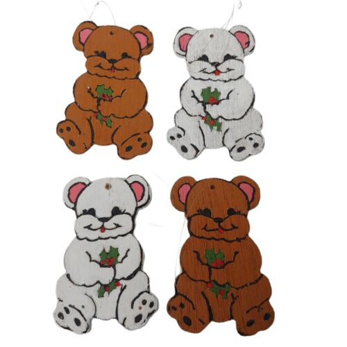 "Juego de 4 adornos de oso de peluche de Navidad pintados a mano de colección marrón blanco 4" - Imagen 1 de 6