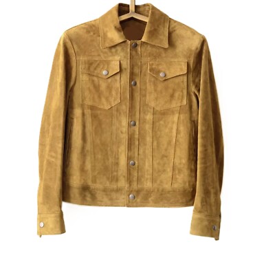 Herren Pure Suede Leather Beige Trucker Jacket Custom Made to Order Button Ja...