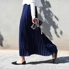 Women Elastic High Waist Pleated Swing Chiffon Maxi Skirt Retro Loose Long Dress