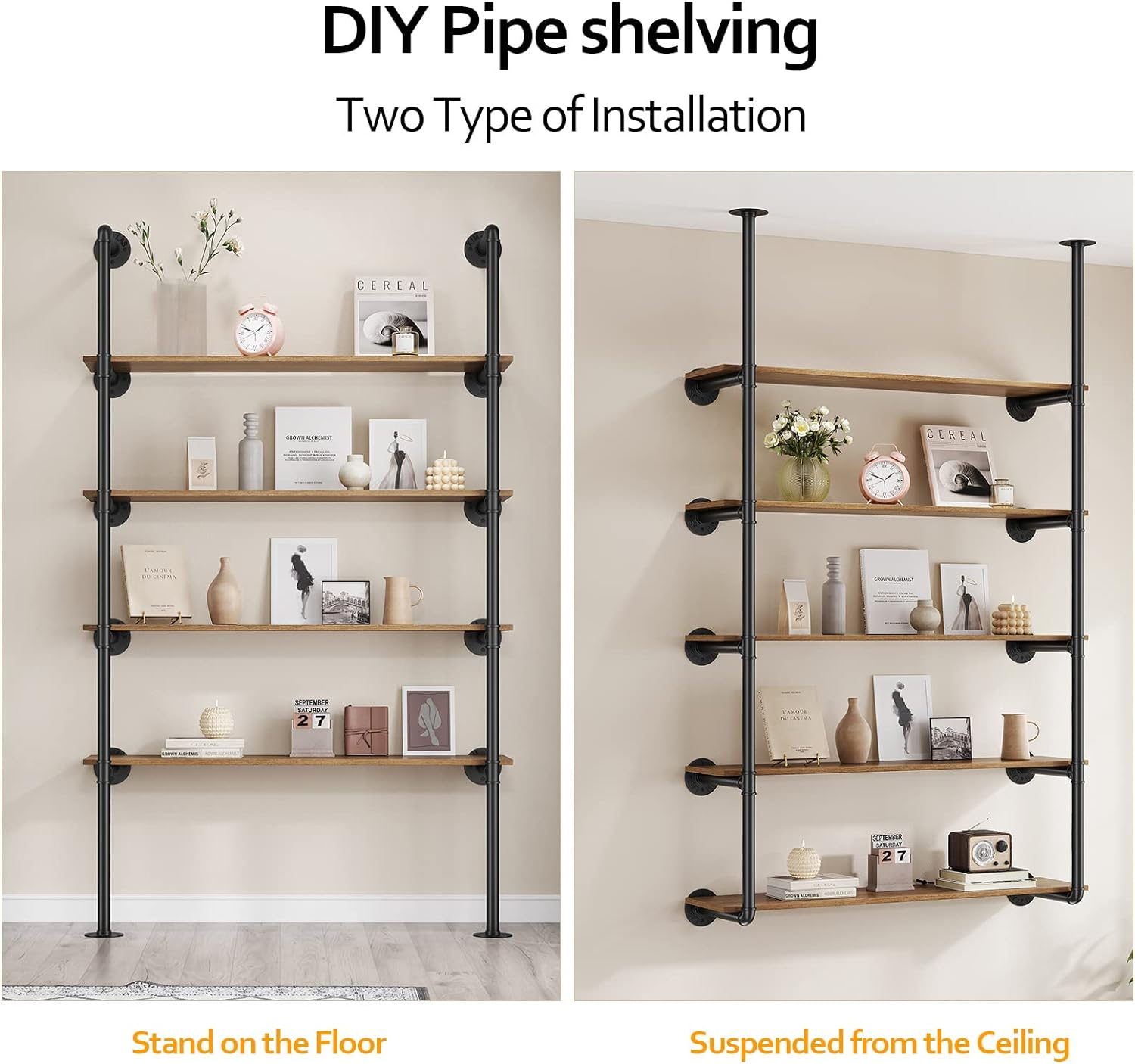 Industrial Iron Pipe Shelf Wall Mount, Farmhouse DIY Open Bookshelf