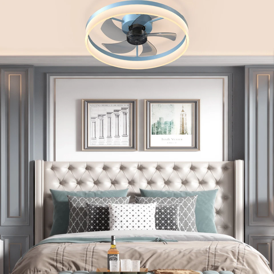 20" Modern Flush Mount Ceiling Fan Light Kit w Remote Dimmable Blue LED Fixture - Image 3 of 4