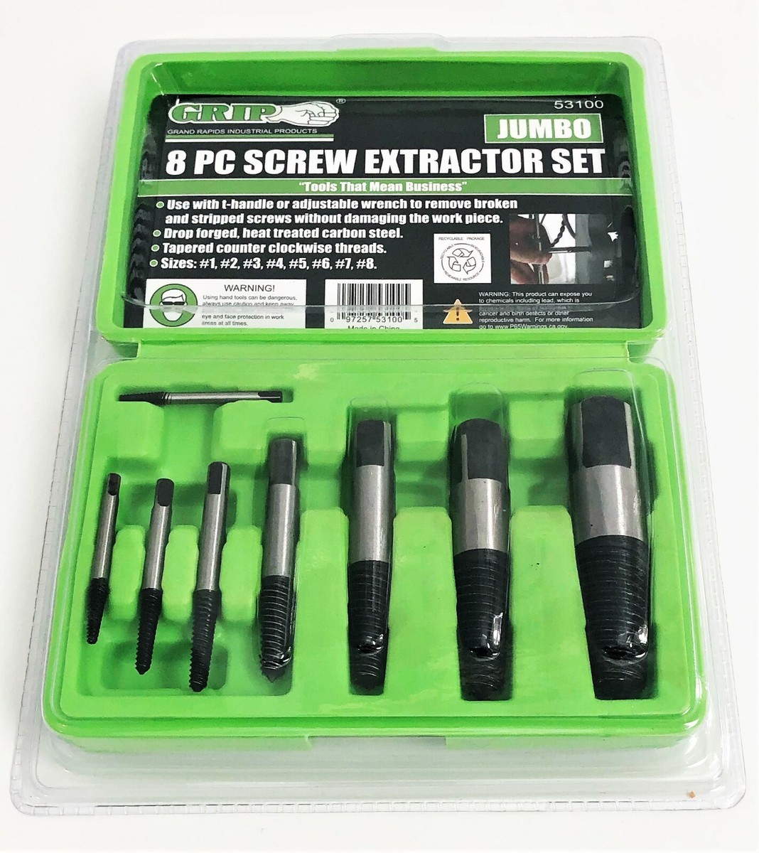 8pc GRIP TOOLS JUMBO EASY OUTS SCREW EXTRACTOR SET INDUSTRIAL LIME