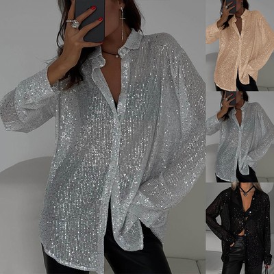 Damen Pailletten Hemd Bluse Party Shirt Oberteile Freizeit Langarmshirt Clubwear