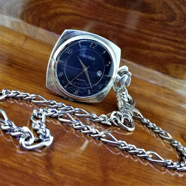 New Vintage BENRUS Silver TN Blue Dial Square Pocket Watch with Date eBay