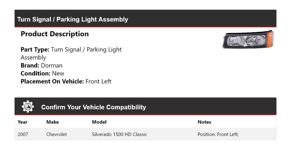 Conjunto de luz de giro/estacionamiento Dorman Classic 2007 Chevrolet Silverado 1500 HD Foto 2 de 4
