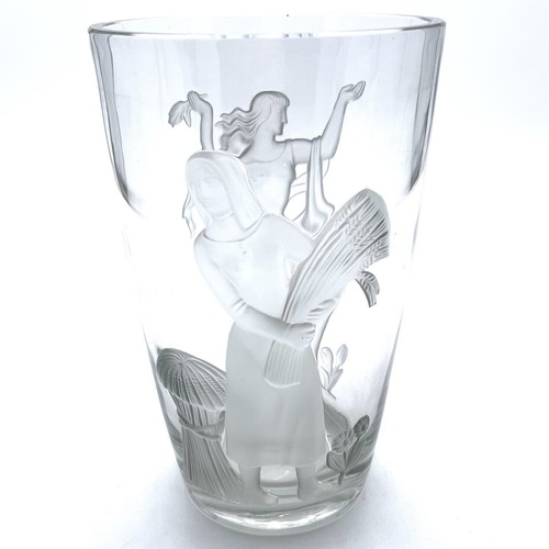Verlys Art Deco Crystal Glass Vase Signed Carl Schmitz Dated 1940 Raised Seasons - Picture 3 of 22