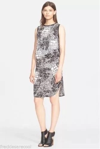 OFF WHITE Abito a tubino Vince $465 stampa coccodrillo marmorizzato bianco sporco nero seta con coulisse.TG:10