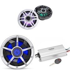 Clarion Marine 4 Channel Amp  Premium 7.7" w/ 10" Silver Grill Boat Audio Up...