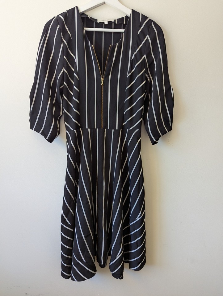 Veronica Maine Zip Front Fit & Flare Black Stripe Dress 8 Ex Cond