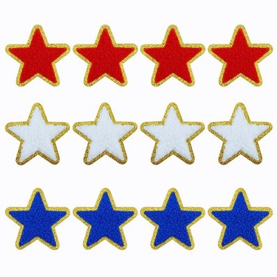 12 PCS Star Patches Red White Blue Patriotic Iron On Gold Edge Chenille