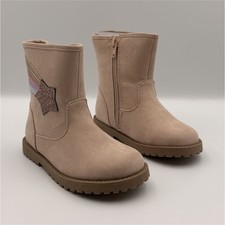 Girls Beige Ankle Bootie Glitter Star Zip Lined Flat Round Toe Casual