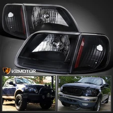 Fits 1997-2003 Ford F150 Expedition Black Headlights+Corner Signal Lamps 97-03