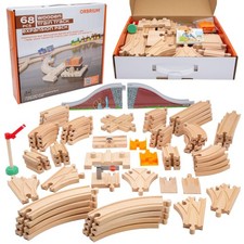 Wooden Train Tracks 68 Piece Expansion Pack Accessories with Arched Bridge, E...