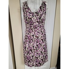 Purple Brown Tropical V-Neck Casual Chic Women's Dress Cotton Dress Size S