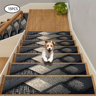 2D FLAT Geometric Maze Patchwork Pattern Stair Tread, Machine Washable and Eas