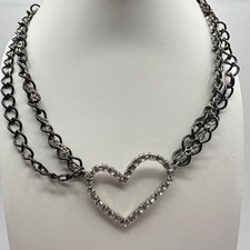 Vintage Y2K Heart Pendant Necklace Gunmetal Multi Stand Chain Clear Rhinestone