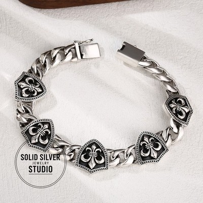 S925 Sterling Silver Men's Bracelet Gothic Fleur De Lis Shield Curb Chain Heavy 