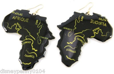 AFRICA Map Metal Enamel Black/Gold Earrings-Afrixan Geography Theme Outline-3''