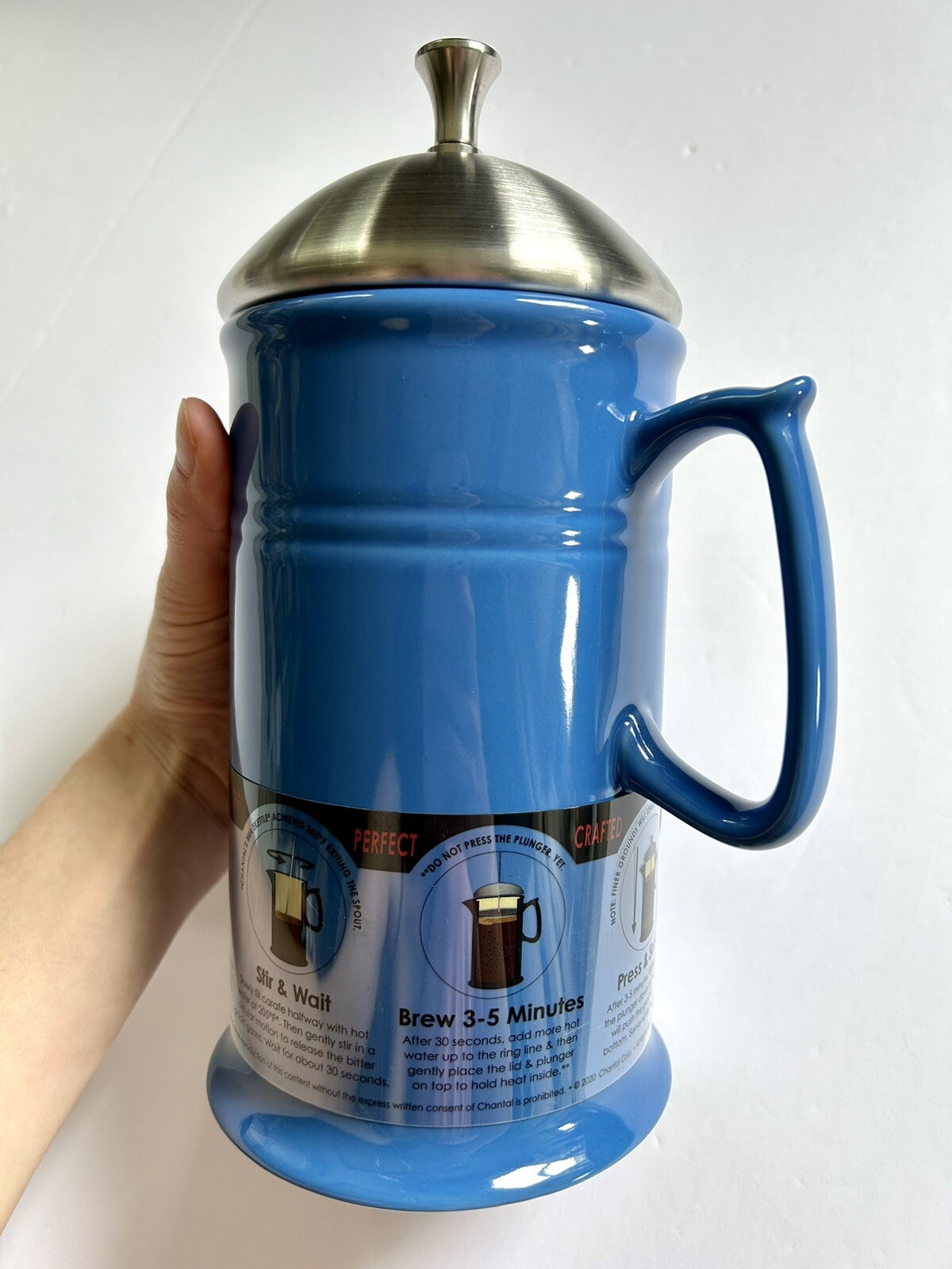 NEW! Chantal BLUE CERAMIC FRENCH PRESS 28 oz / 4 Cups Dishwasher-Safe Stoneware