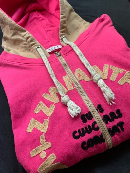 Y2K Graphic Long Sleeve Zip Retro Hoodie in Hot Pink and Beige 90s 2000s