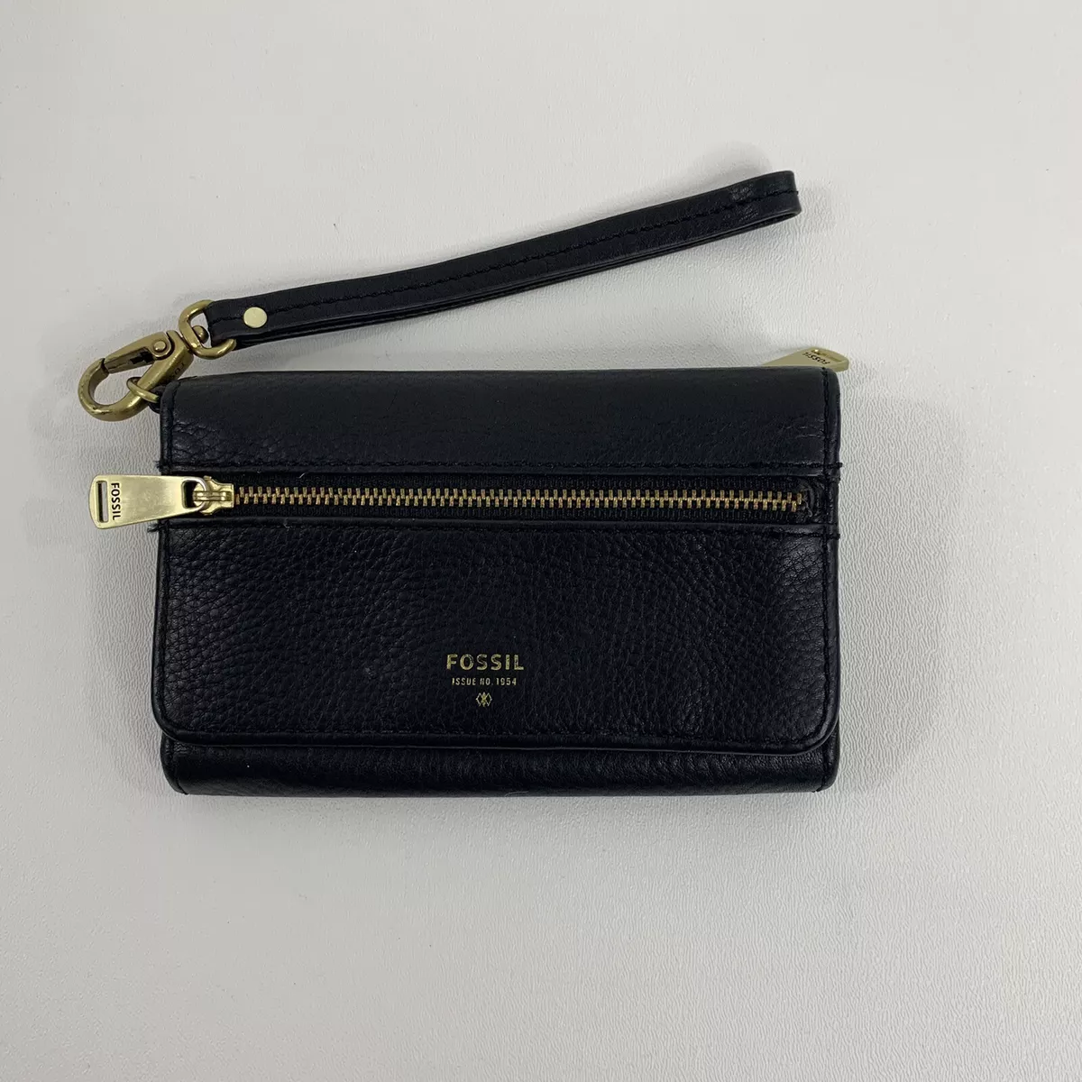 Fossil Womens Credit Card Coin Wallet Wristlet Removable Strap Zipper Logo Black