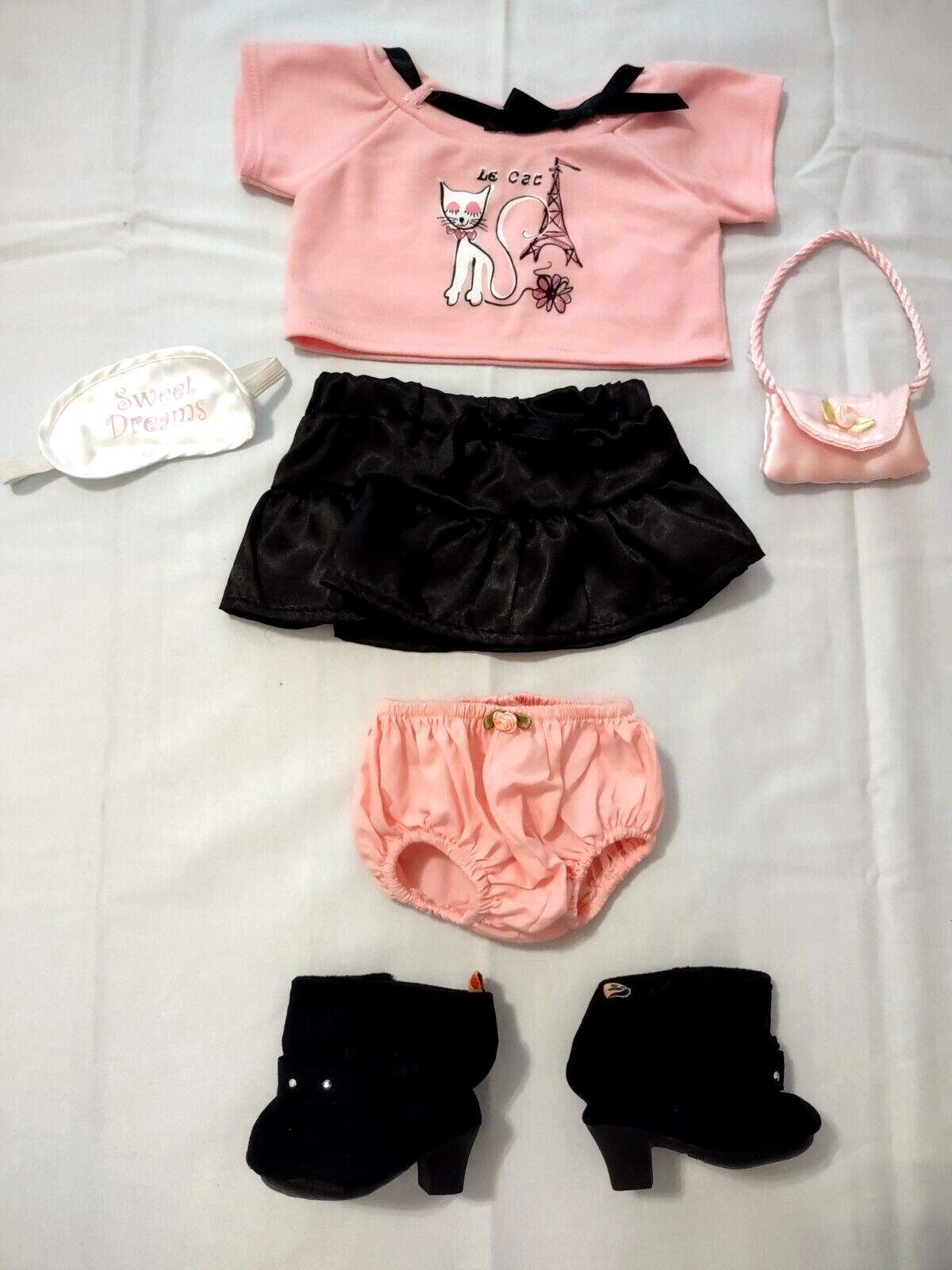 Halve cirkel Strak Inhalen Build A Bear 6 PC Le Cat Shirt Skirt Panties Black Boots Pink Purse Sleep  Mask | eBay