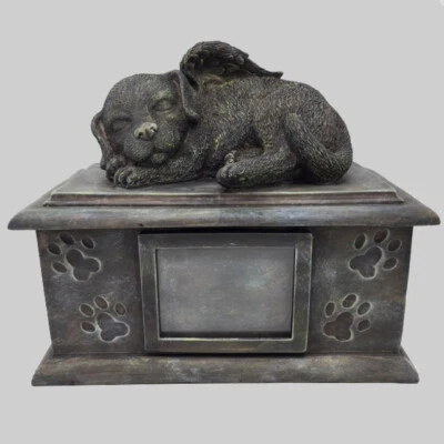 Große Hunde Urne grau als Hunde-Engelfigur mit Bildfach, Tierurne - Bild 1 von 3
