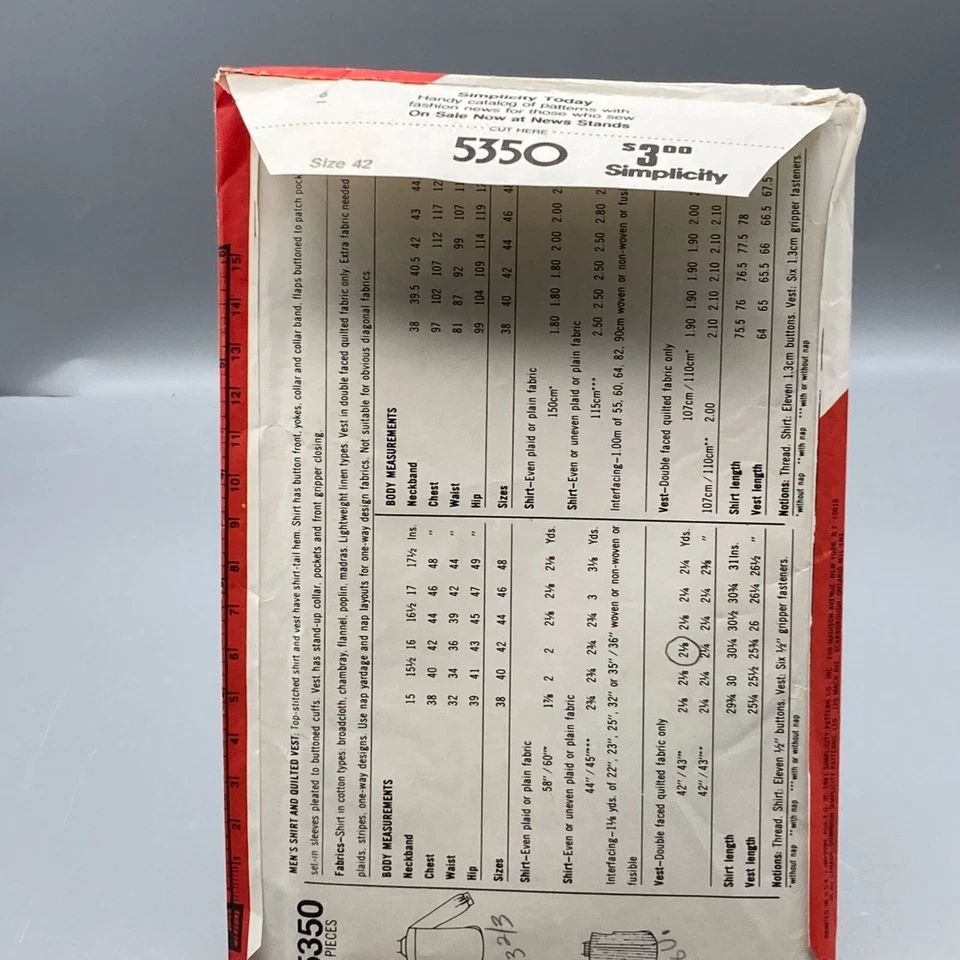 UNCUT Vintage Sewing PATTERN Simplicity 5350, Mens 1981 Shirt and Quilted Vest - Image 2 of 2