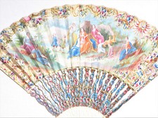 Antique French Hand Painted Fan w/ Pastoral Landscape  Figures