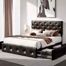 Full Size Faux Leather Platform Bed Frame with Adjustable Headboard & 4 Drawers