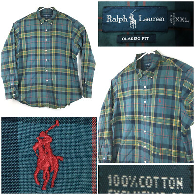 Ralph Lauren Mens 2XL Classic 54'' Chest Green Yellow Plaid Cotton Button Down