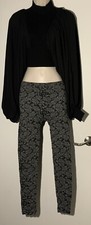 Women  s Vintage Retro Black  Gray Fleur de Lis Print Thermal Leggings, Size S