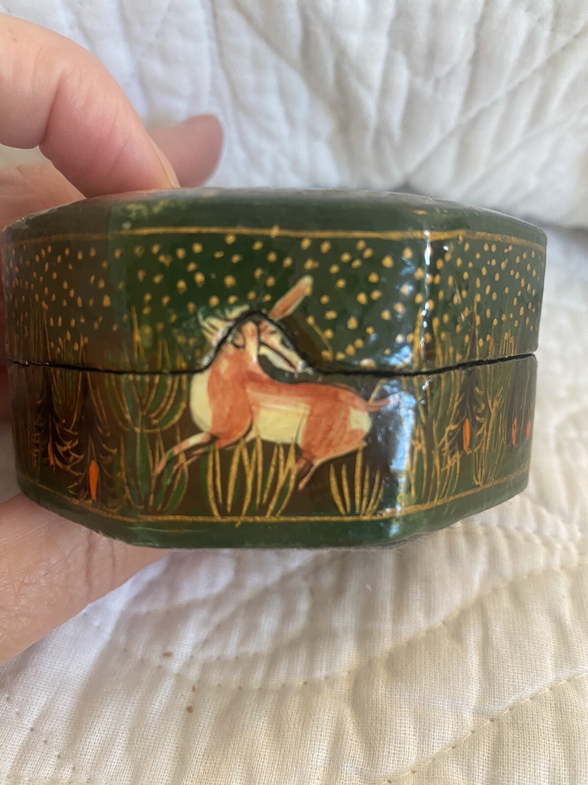 Vtg Kashmir India 8 Sided Hand painted Trinket Box Wild Animals Lacquered  3”