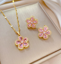 Gold Stainless Steel Flower Pink CZ Pendant Chain Necklace Stud Earrings Set AG