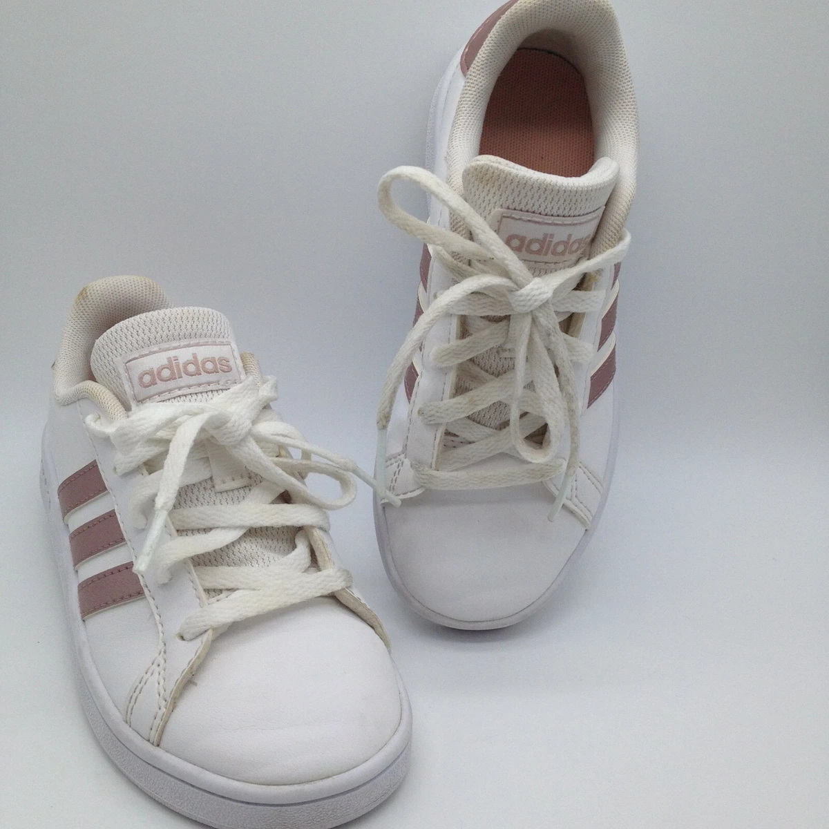 White adidas with rose gold stripes cheap