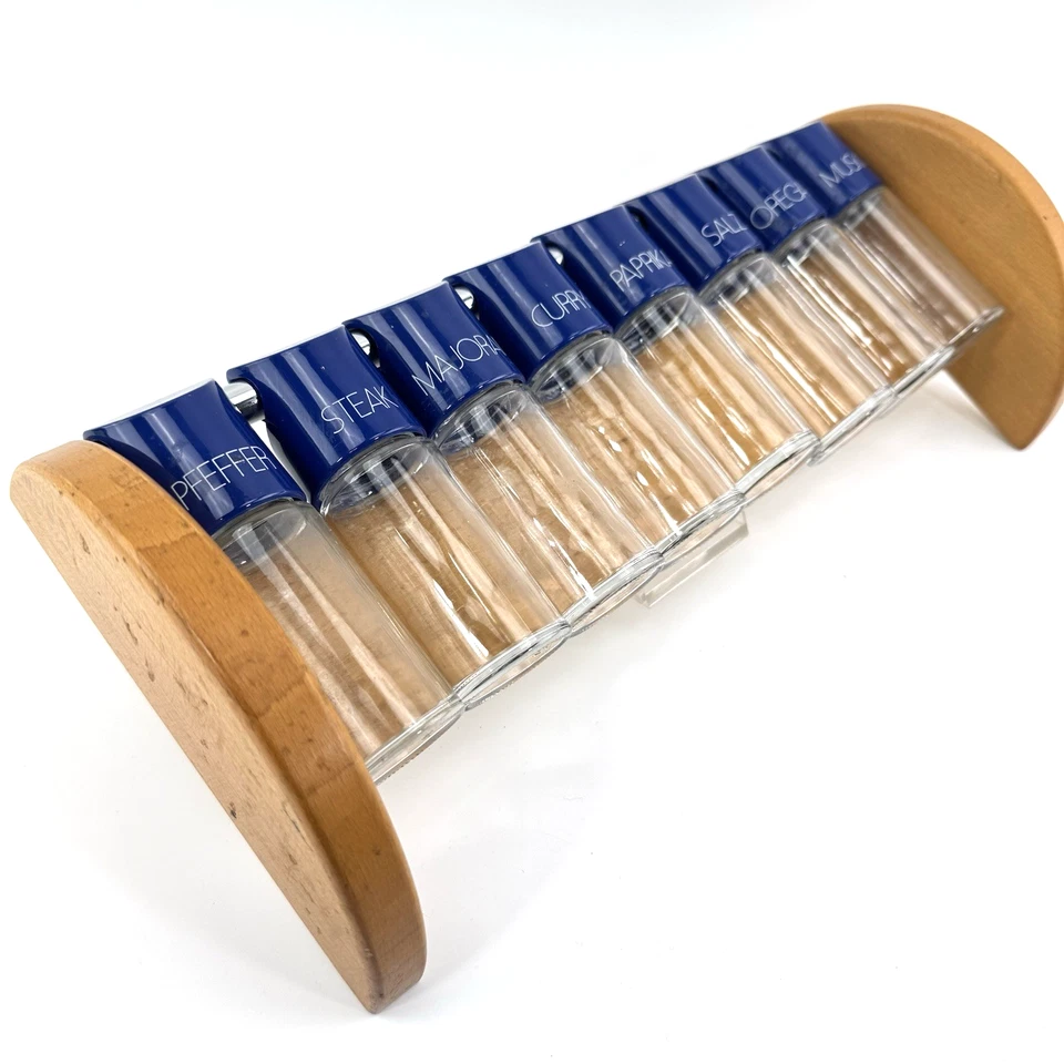 VTG Gewürzregal Holz | 8 Gewürzgläser Blau Glas Küchenregal Wandregal Landhaus - Bild 3 von 4
