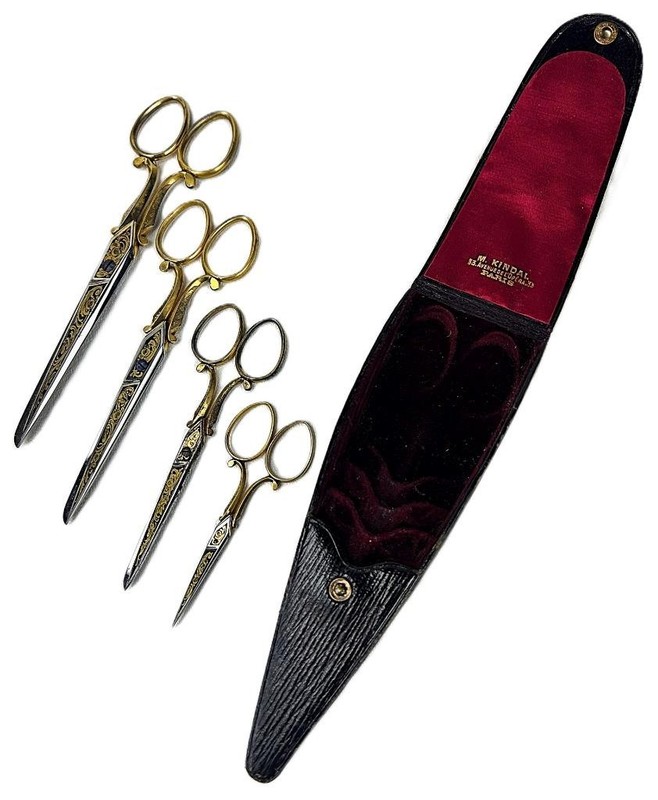 ANTIQUE C V HELJESTRAND INLAID DAMASCENE SWEDISH SEWING SCISSORS in LEATHER CASE