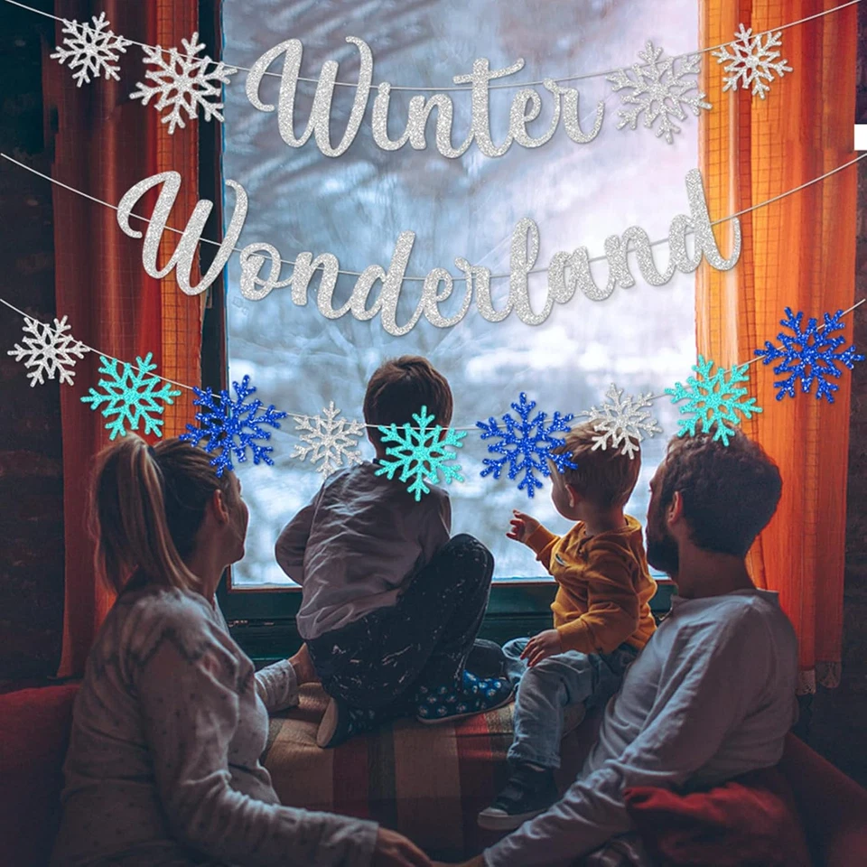 3Pcs зимняя страна чудес баннеры, блестящий снежинка баннер рождественские украшения  - Изображение 2 из 4