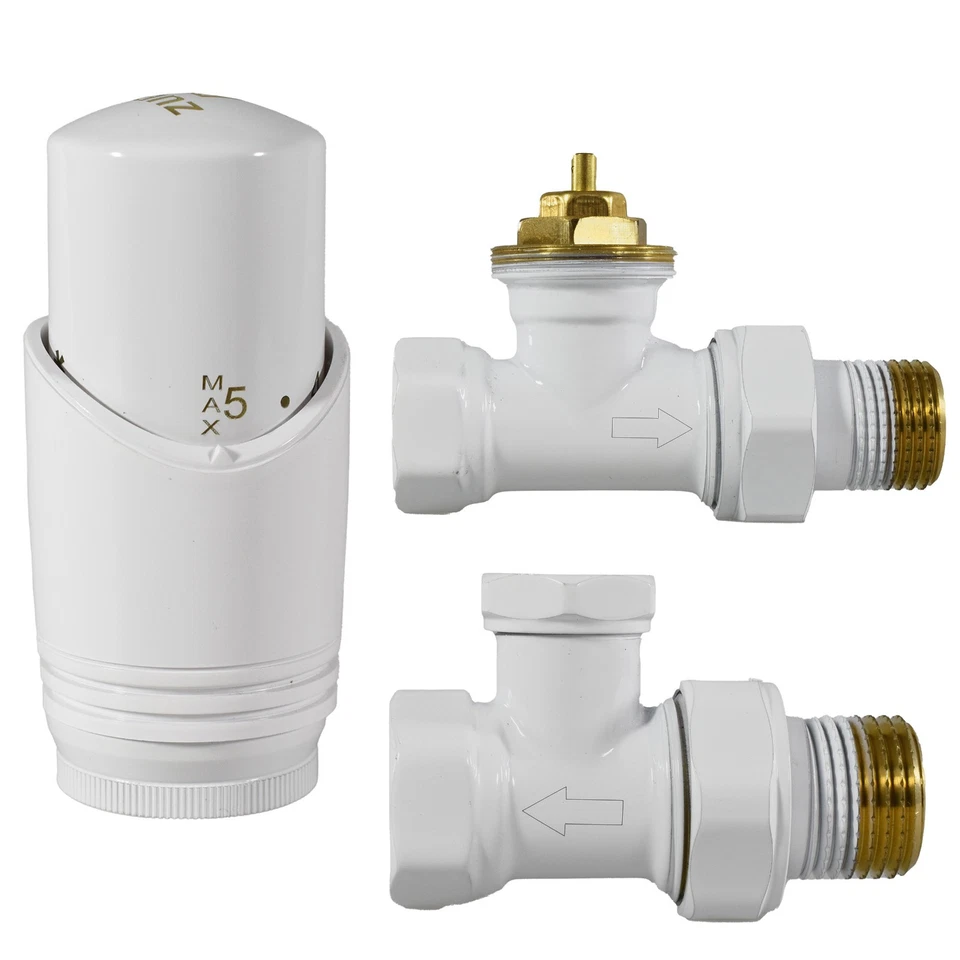Heizkörper Ventil DURCHGANG SATZ 1/2 Weiss Heizung Thermostat Vorlauf + Rücklauf - Bild 4 von 4