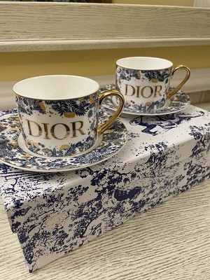 DIOR ディナープレート×2 ティーポットセット Dior Toile de Jouy Porcelain Mug Gold Handle Tea Cup Saucer Set of
