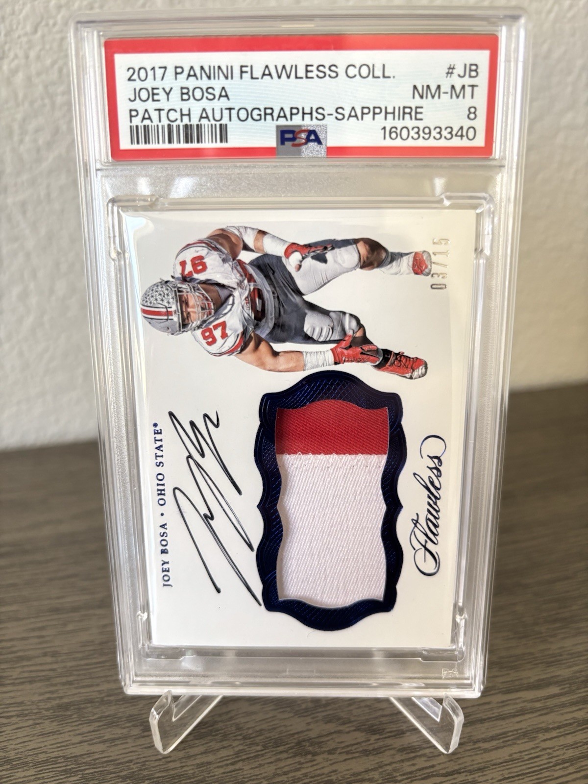 2017 Panini Flawless Collegiate Game Worn Patch Auto Joey Bosa 3/15 #PA-JB PSA-8 view 2