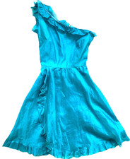 Vintage Italian Silk Linen One Shoulder Party Dress Turquoise Ruffle M