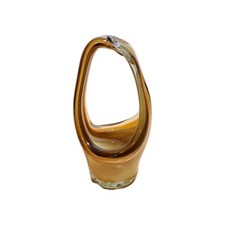 Vintage Hand Blown Stretched Art Glass Swirl Vase Basket 4  Brown/White/Yellow