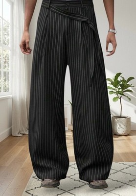 Wide Leg Pinstripe Hose Black Japan Style Vintage Y2K mit Gürtel - M