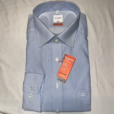 Olymp Luxor Men's Dress Shirt Blue Stripe Modern Fit 17.5 (44) Long Sleeve NWT