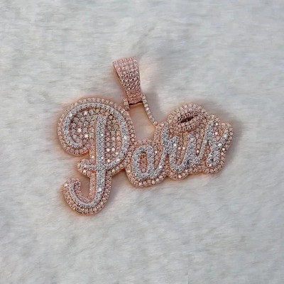 1.50Ct Round Cut Real Moissanite Custom Name Charm Pendant 14K Rose Gold Plated