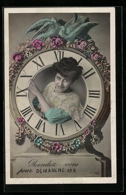 Postcard Rendez-vous, pretty lady looking through the dial of a clock 1909 