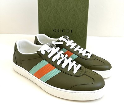 NEW AUTH GUCCI ITALY MEN G74 WEB GREEN LEATHER LOW TOP SNEAKER SHOES Sz 8.5 US 9