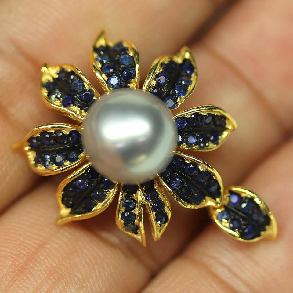 925 Sterling Silber 10 Mm. Graue Perle & Blaue Saphir Schmuckring Größe 6.25 - Bild 2 von 4